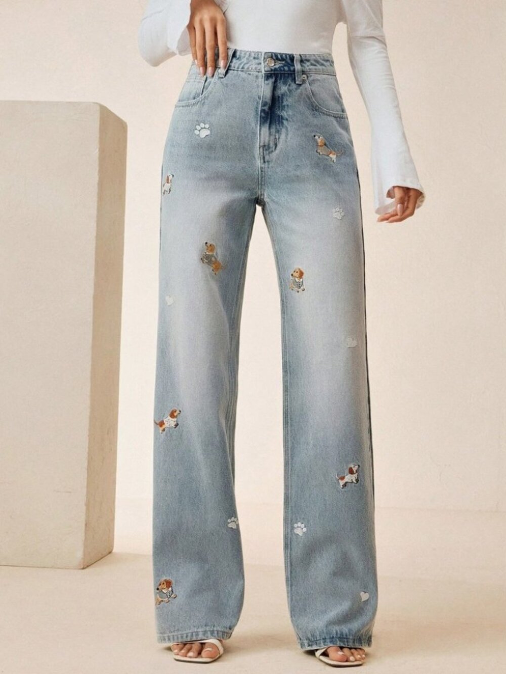 Light Blue Denim Wide Leg Jeans with Dog & Paw Print Embroidery